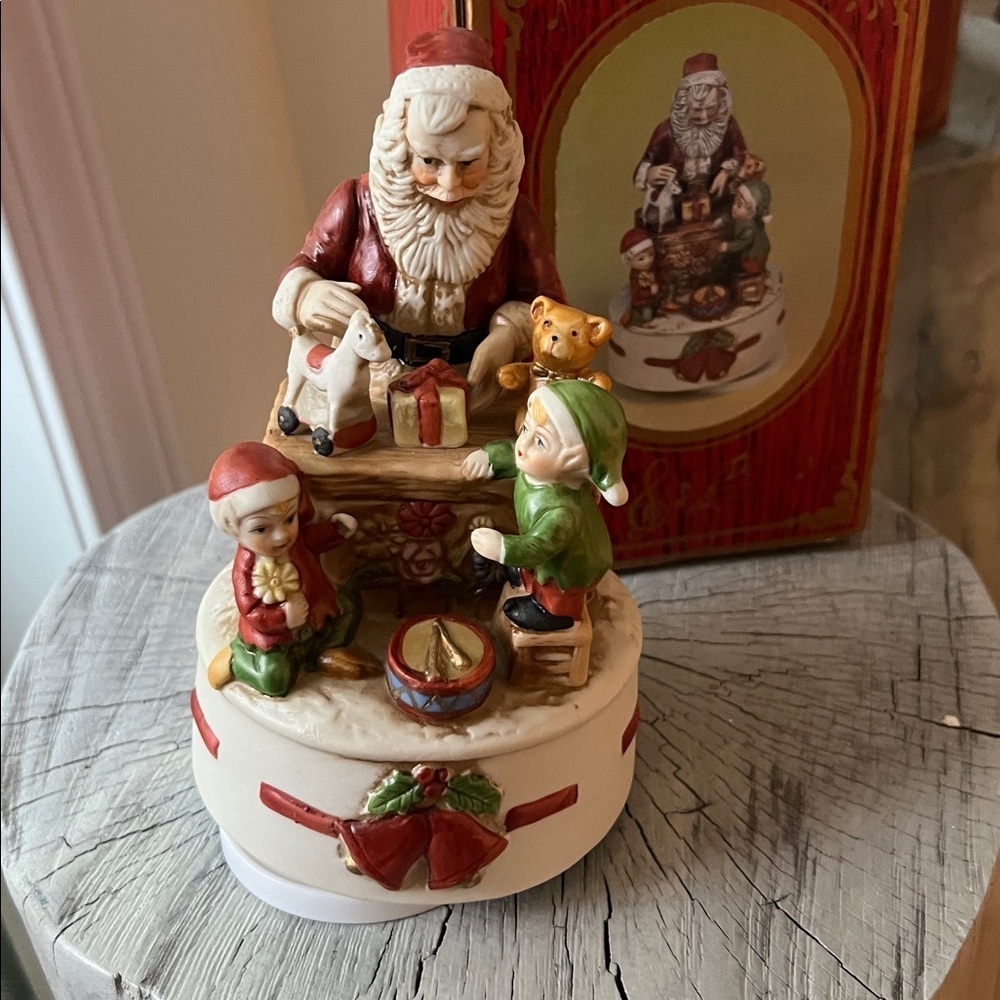 Vintage Festive Santa and Elves Music Box Turn wheel Figurine Old World